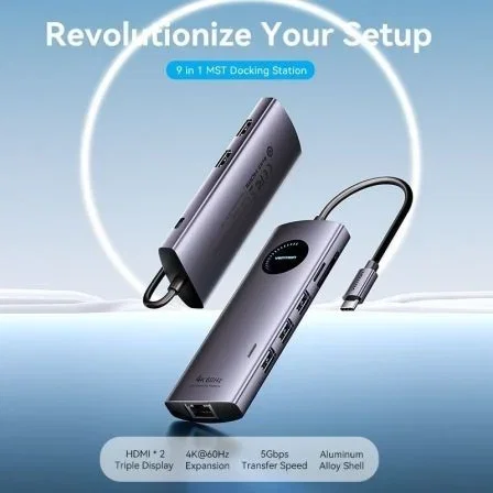 Vention TQVHB Docking Station USB-C 9 en 1: 2xHDMI 4K 60Hz, 3xUSB, RJ45 Gigabit, Lector Tarjetas SD/TF, USB-C PD 100W, Aluminio Gris